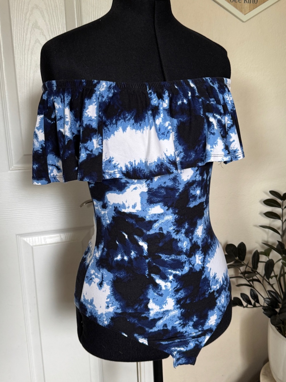 No Boundaries Navy Tie-Dye Off-Shoulder Ruffle Bodysuit